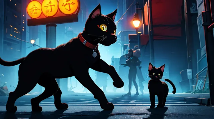 Create a digital painted comic-style illustration featuring a small black kitten trying to cross a road. The scene is tense and dramatic, with bold, contrasting colors that heighten the suspense. The kitten, with wide, fearful eyes and sleek fur, is shown ...