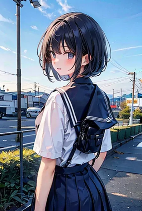 Girl, school uniform backside and little Sideways view , looking forward , short hair 