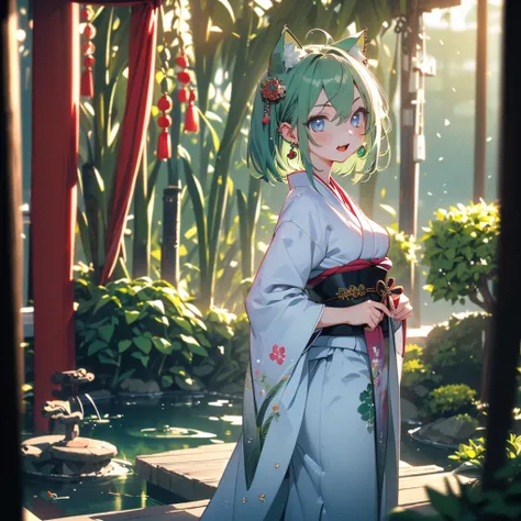 (8k, RAW Photo, Top Quality, Refined Details, Masterpiece: 1.2), (High Resolution 8k Wallpaper), Sharp Focus, Professional Lighting, Depth of Field, Cinematic Lighting, Background Blur, (1Girl:1.4), (small breasts:1.4),(green hair: 1.2),(furisode),animal e...