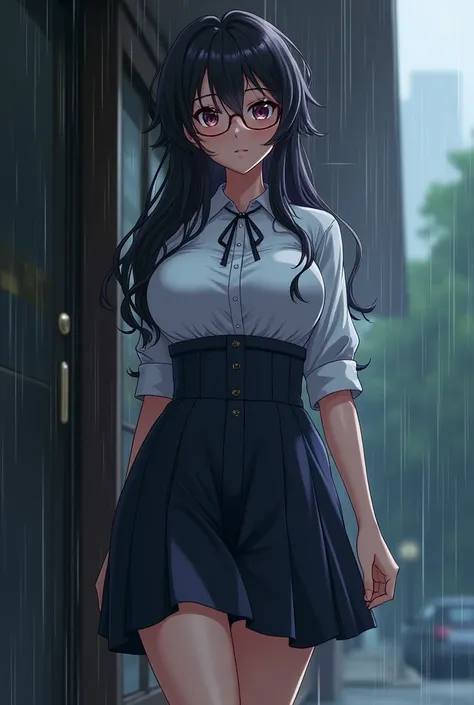 1 woman, the uniform got wet because of rain,on the doorstep raining ,large breasts,long hair, glasses, High quality, Masterpiece,Anime art,curvy, beautiful body,G cup breasts,close up shot