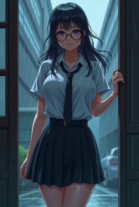 1 woman, the uniform got wet because of rain,on the doorstep raining ,large breasts,long hair, glasses, High quality, Masterpiece,Anime art,curvy, beautiful body,G cup breasts,close up shot