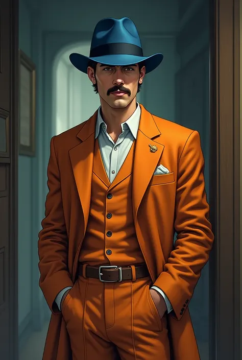 Drawing in the line of order paranormal rpg Fedora blue, tiny thin mustache, Orange suit coat, white inner shirt, orange dress pants, gold chain in pocket