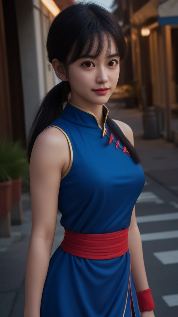 chichi, 1girl, solo, black eyes, black hair, blunt bangs, sidelocks, low ponytail,
china dress, blue dress, sleeveless, red sash...