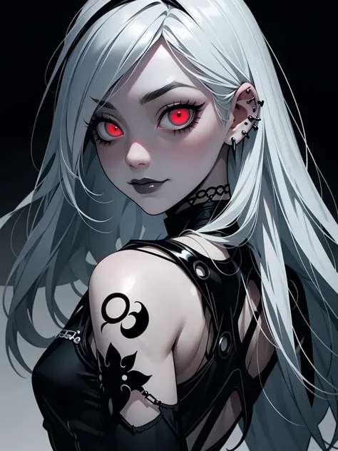 Beautiful young white-haired girl with piercing red eyes, half smile with full lips, black nails, barbed wires everywhere(coiled black barbed wires)