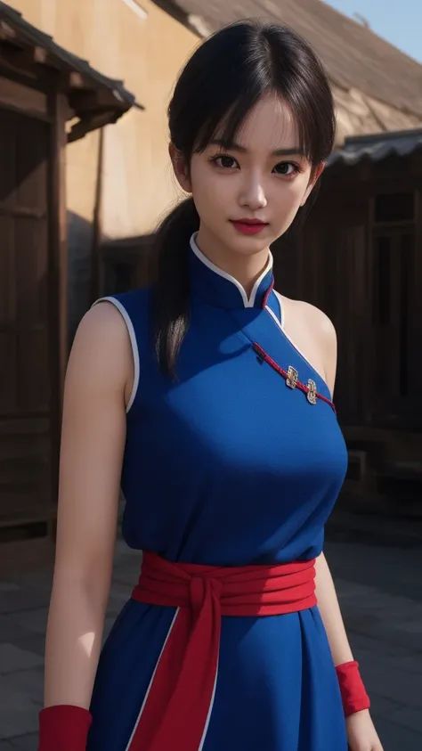 chichi, 1girl, solo, black eyes, black hair, blunt bangs, sidelocks, low ponytail,
china dress, blue dress, sleeveless, red sash...