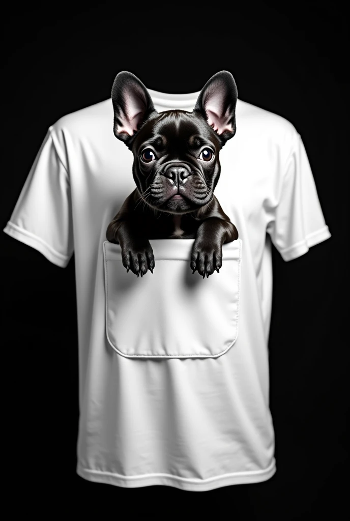 French bulldog puppy with its face and front paws sticking out of a large T-shirt breast pocket。Stereoscopic photography。Pocket and puppy close-up。Black background。The pocket is white。Nothing is visible except your pocket and your puppy。Do not display the ...