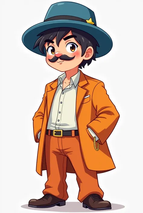 Cartoon drawing in paranormal order line rpg blue Fedora, very thin and very small mustache, Orange suit coat, white inner shirt, orange dress pants, gold chain in pocket