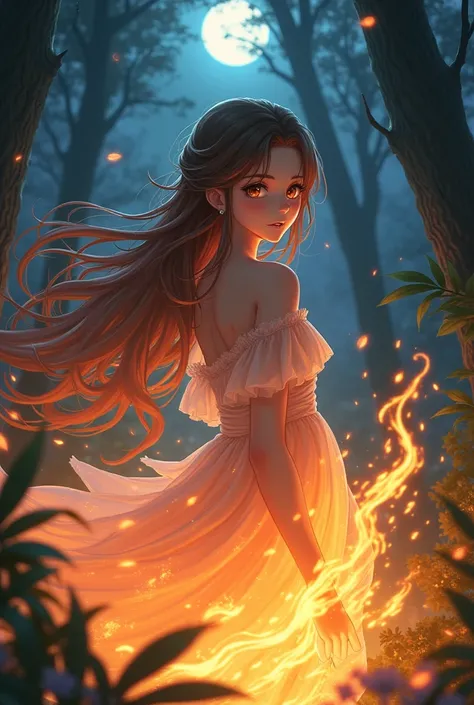 Japanese anime of beautiful fantasy girl with brown eyes and long hair engulfed in flames in a night forest under the moonlight 