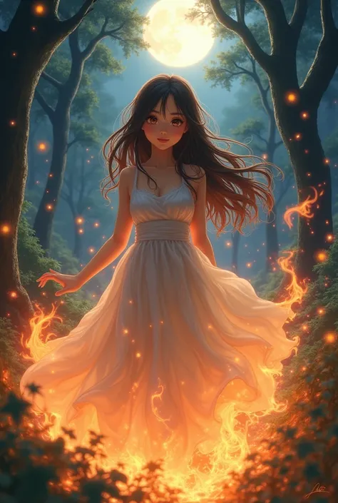 Japanese anime of beautiful fantasy girl with brown eyes and long hair engulfed in flames in a night forest under the moonlight 