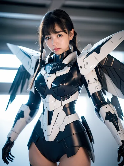 (highest quality)), ((masterpiece)), (very detailed: 1.3), 3d, {(1 girl)}, (wear dark blue Old School Swimsuit under armor:1.2), unarmored waist, wears a futuristic white Gundam mecha,(Gundam), with headgear, with v-fin , armored shoulders,armored under ar...