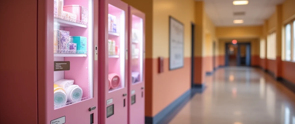 closeup of pastel pink vending machine full of menstrual products in school hallway that has warm and neutral color scheme