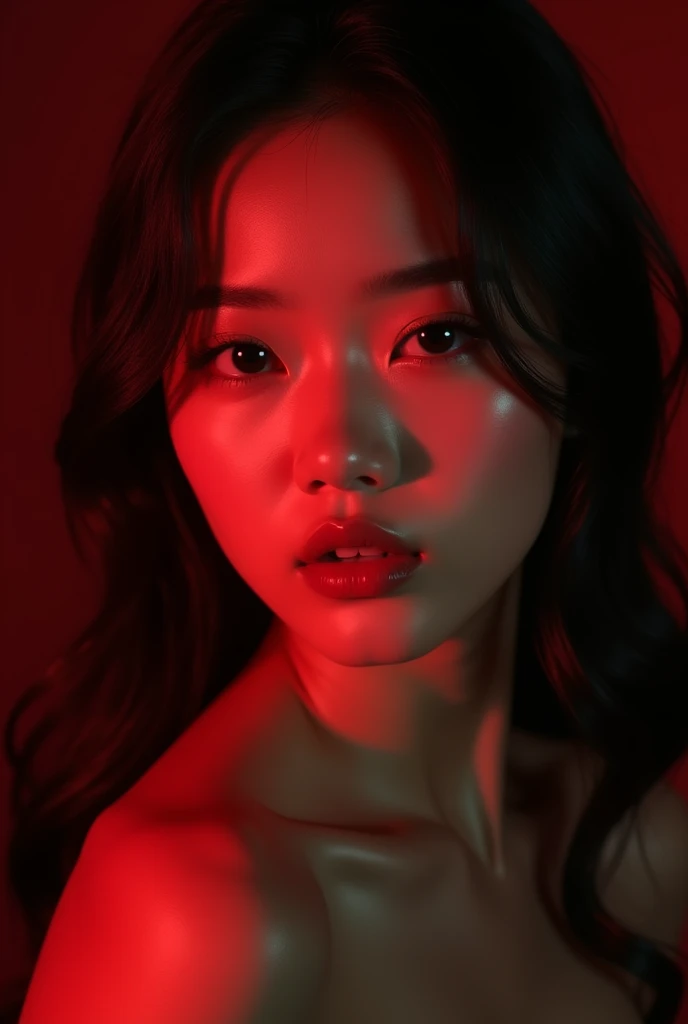 Create a Korean model with cute features posing for a makeup session with dark red and black tones with dark lighting that gives off the vibes of elegance 