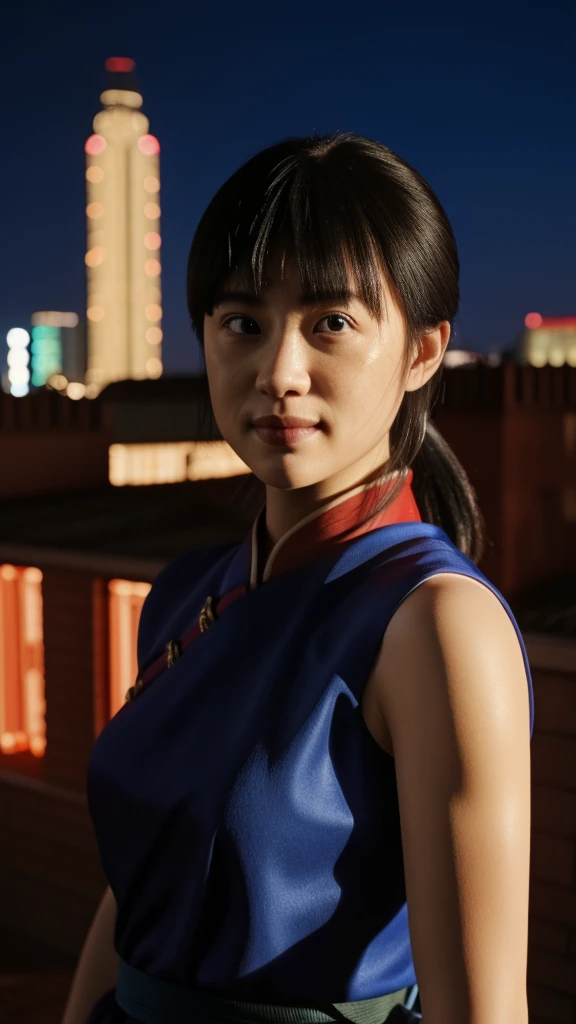 chichi, 1girl, solo, black eyes, black hair, blunt bangs, sidelocks, low ponytail,
china dress, blue dress, sleeveless, red sash...