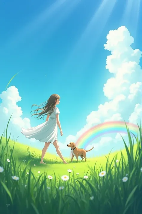 Blue sky sun rain rainbow a  in a white frock walking on grass along with dog