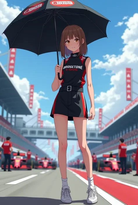 ((photographic, super-realism, Very realistic :1.5)), pit of Circuit, many racing F 1 cars, and many pit clue , spectator, on race road, standing pose,Front view, solo , Japanese girl , 20-age-old, (light brown hair, middle hair, fringe, little lip, thin f...