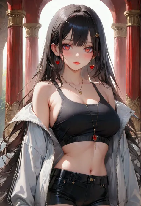 Long smooth straight black hair, red eyes, standing in croptop and baggy clothes,masterpiece, super detail, best quality, 8k,semi-realistic