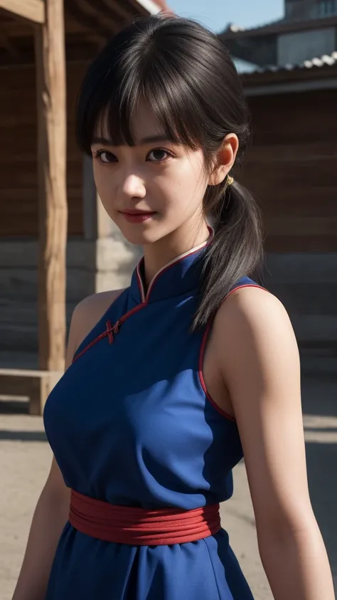 chichi, 1girl, solo, black eyes, black hair, blunt bangs, sidelocks, low ponytail,
china dress, blue dress, sleeveless, red sash...