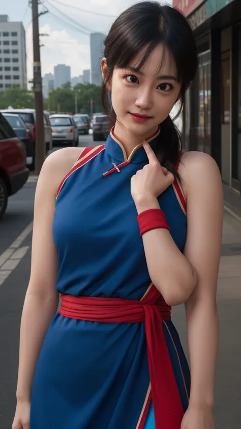 chichi, 1girl, solo, black eyes, black hair, blunt bangs, sidelocks, low ponytail,
china dress, blue dress, sleeveless, red sash...