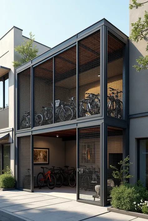 2 storey garage cage style bicycle parking space, it can accommodate 20 bikes in the ground floor and only office space at the top, sketched draw image