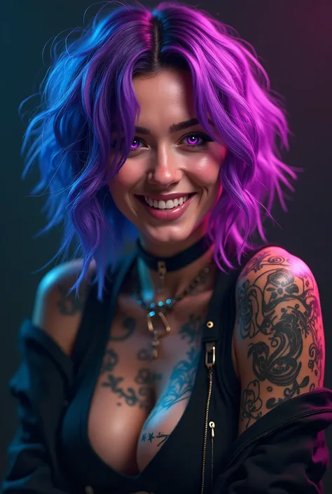 Kizi. Purple  hair. cyberpunk. tattooed. Grinning. darkness background. Eyes purple 