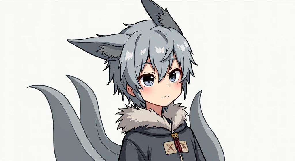 1male, teenager boy, thin build, gray dragon wings on back, dark gray cat eyes, dark gray dragon horns on head, Light gray tall cat ears on head, fur eyeslashes, fur eyebrows, gray close coat, light gray fur collar around neck, short light gray hair, calm ...