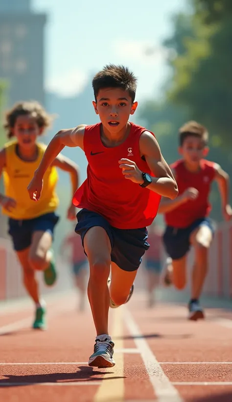 A young people running towards a finish line, with obstacles along the way, but a determined look on their face, symbolizing perseverance.