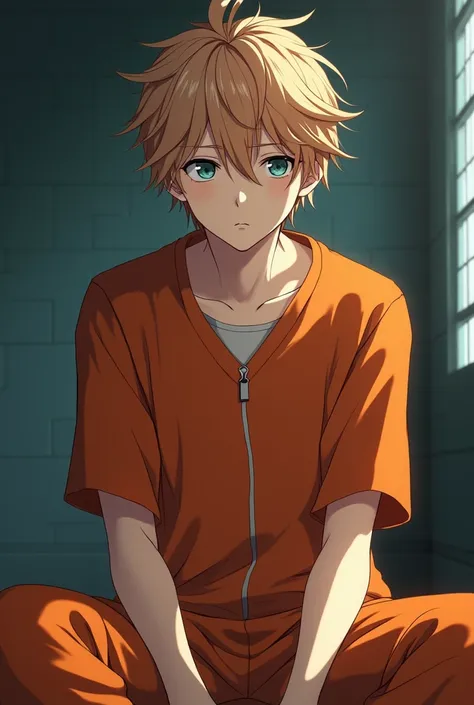 Create a nineteen year old boy of 1.80 meters sitting in a prisoner&#39;s cell, with the orange uniform that has aqua blue eyes, pale skin and very light brown hair, almost looking orange, with white locks and a tired expression, anime style