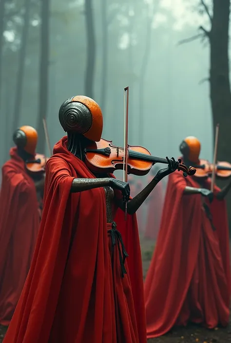 Cyborg wemen orchestra playing violencelle and all of them wearing red cape,vivid cinematic4k colors in a foggy forrest, the wemen should look like faminine their metallic orange faces ate grunged and dusted beautiful design