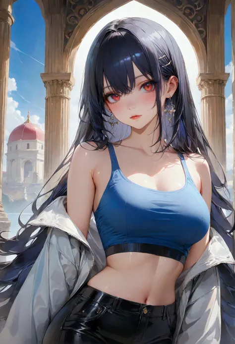 Long smooth straight dark blue hair, red eyes, standing in croptop and baggy clothes,masterpiece, super detail, best quality, 8k,semi-realistic