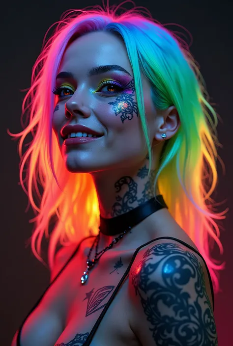 Kizi. Rainbow colored hair. cyberpunk. tattooed. Grinning. darkness background. Eyes rainbow colored 