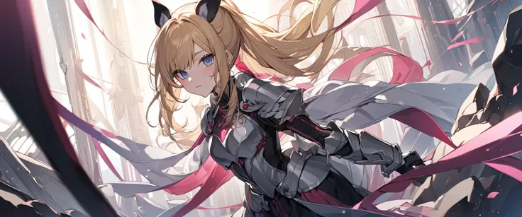 (((Highest quality、Super detailed))),(Blonde、Middle Hair、Black Ribbon、ponytail、Blue Eyes、Woman in her 20s、Princess Knight、Silver Armor、Pink Skirt、Cute black shorts with pink ribbon、Wide legged、Face is bright red、Ears are red)、Dark Underground,、Chiaroscuro、