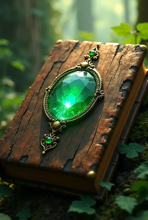 Antique book,Book cover made from trees,There is an emerald stone embedded in the book cover.,Wood pattern