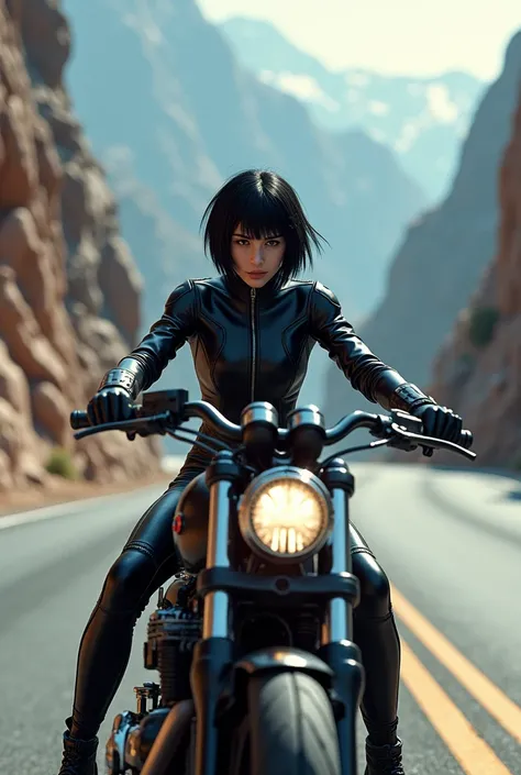 A girl with short black hair riding a motorcycle