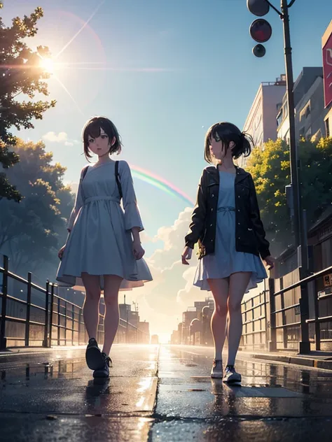 two girls, Casual clothing, sun after the rain, (Walking In Rhythm), Street Lady, sister love, Places and Spaces, Woman Of The World, Love Is Love, In the Mood, on the Street, (Dazzling Sunshine:1.3, beautiful Sunshine:1.3), (Lens Ghosting:1.4, lens flare:...