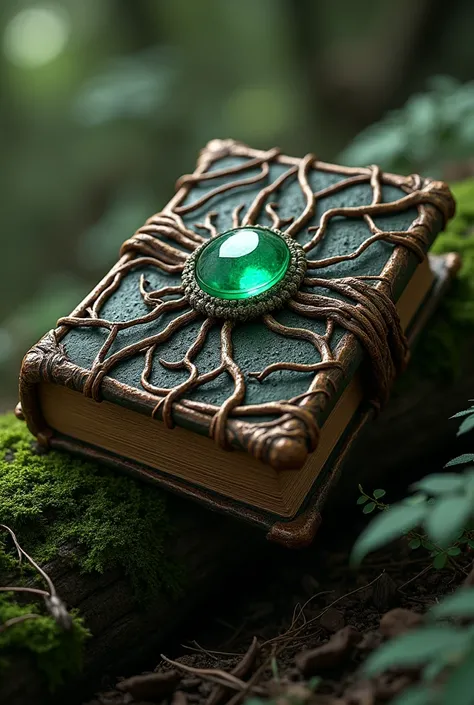 Antique book,Book cover made from trees,There is a small emerald stone embedded in the book cover.,Book Wrapped Branch Pattern