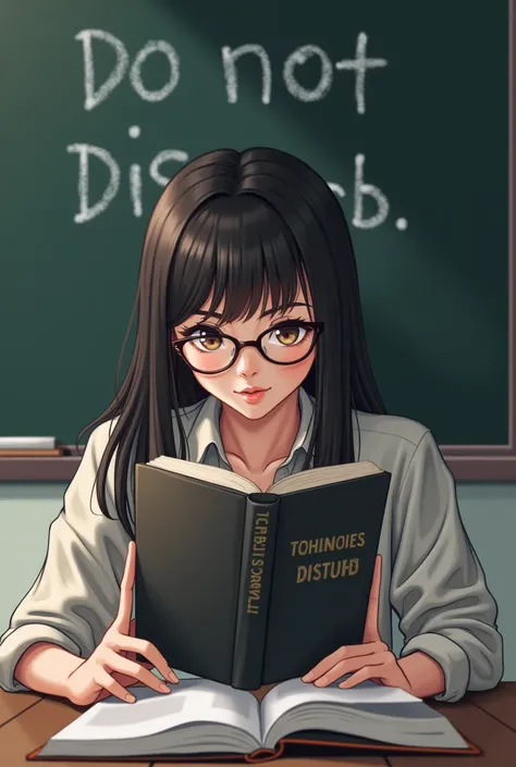 Illustration of a teacher with long hair without bangs wearing glasses with the book entitled "Chasing Goals"  covering her face and behind her is a blackboard written with DO NOT DISTURB