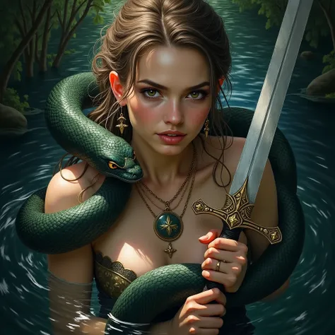 a woman with a sword in her hands and a snake around her neck, in the water, with a snake around her neck, Aleksi Briclot, epic fantasy character art, a character portrait, fantasy art