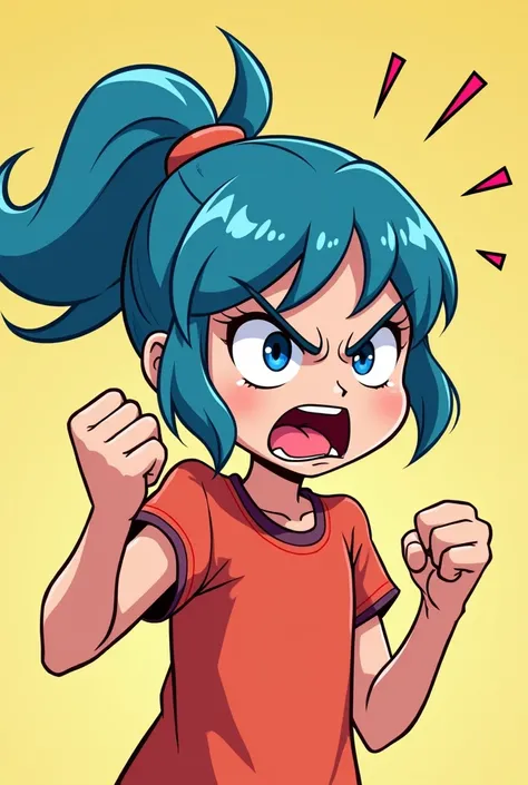 A cartoon of a blue-haired girl showing an angry gesture.