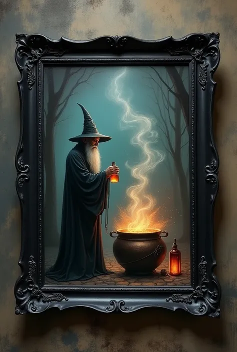 I want a painting, square, thick frame, black and mushroom, in the background, a witch&#39;s cauldron with poison, next to the frame, a wizard and a potion bottle, the frame should be small and square, not rectangular, the frame should be square, and the w...