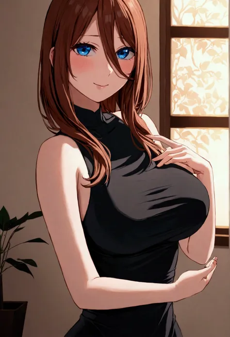 1girl,Miku nakano, sexy, detailed brown hair, beautiful detailed blue eyes, pinkish white skin, blushing, beautiful detailed face, happy expression, tight black dress, full body, busty, arms crossed , hands detailed finger by finger , looking straight ahea...