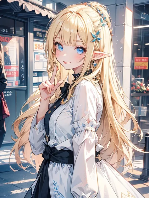 masterpiece, best quality, 1girl, ultra detailed, ultra highres, well-definded facial features, anatomically correct, cute girl, long pointy ears, elf, nice face,blonde hair, blue eyes,looking at viewer, from side, tongue out, V-sign