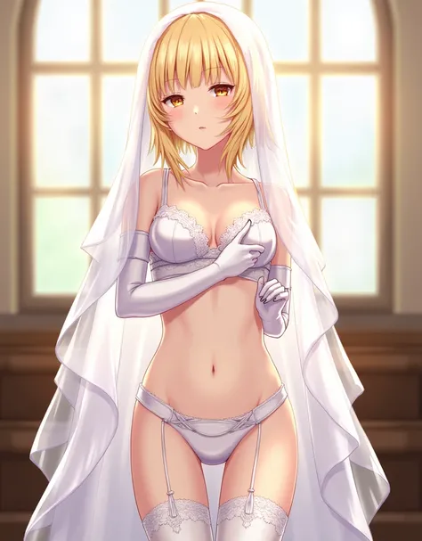 anime character, white veil, lace bra, panties, elbow gloves, garter strap, thigh highs, standing in church, blonde hair,