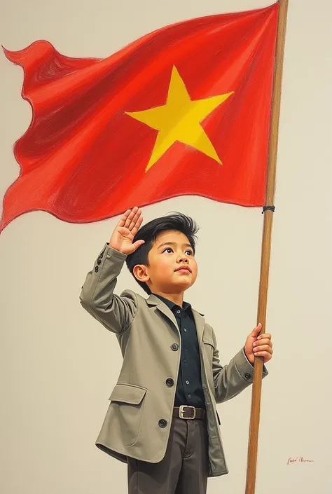   In this oil pastel painting, a boy saluting, respect the national flag of Vietnam. The boy wears modern clothes but is still elegant, dignified and sophisticated. , clear eyes, full of pride. The red flag with yellow star flutters in the wind, painted in...