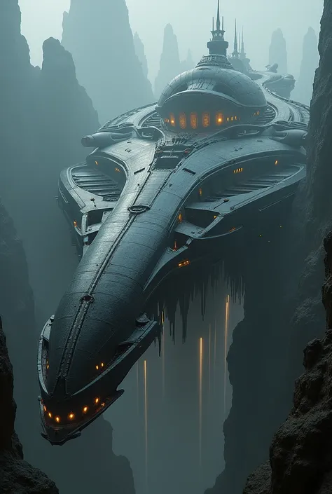 Design a spaceship with a massive and futuristic aesthetic, seamlessly blending the organic with the technological, inspired by the works of H.R. Giger. Its appearance should evoke the eerie, intricate style of Prometheus, with curved shapes resembling spi...