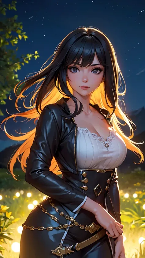 (masterpiece:1.2), (best quality:1.2), looking at viewer, (light smile:0.8), (lady|girl), (shiny skin:1.2), (depth of field:1.2), cinematic, (cowboy shot), medium breasts, outdoors, night, town, dress, wavy hair, long hair, side bang, fringe, black_theme