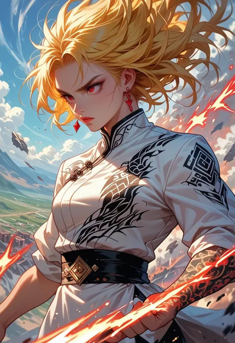 Ultra Super Sayajin, Diamond yellow hair and red eyes, outlined in black pencil., white clothes with dragon tattoo print, A good open cry, I fight the enemy furiously, landscapes of sky and earth