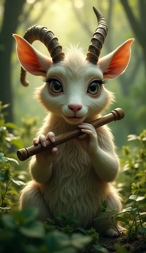 A mystical half-human, half-goat creature, Capricornus, playing a wooden pan flute in a lush, verdant forest, detailed face and body, beautiful detailed eyes, beautiful detailed lips, extremely detailed face, longeyelashes, natural lighting, warm color ton...