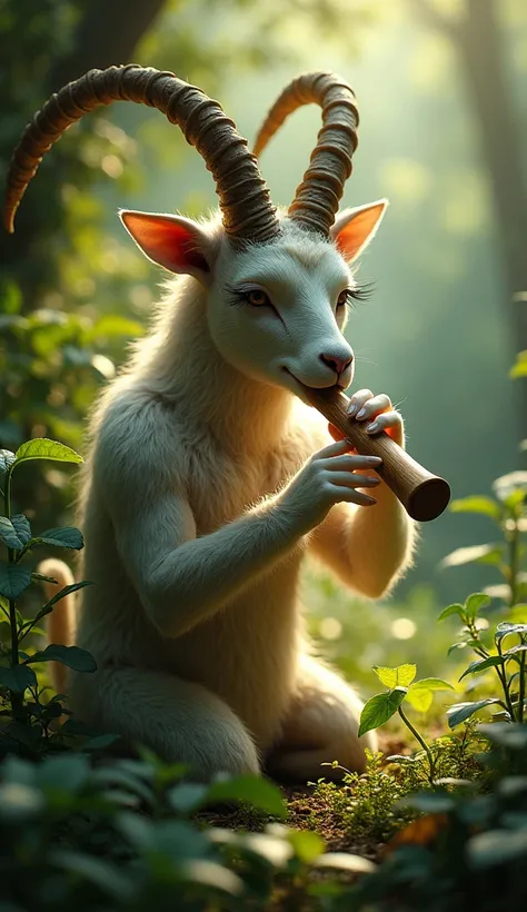 A mystical half-human, half-goat creature, Capricornus, playing a wooden pan flute in a lush, verdant forest, detailed face and body, beautiful detailed eyes, beautiful detailed lips, extremely detailed face, longeyelashes, natural lighting, warm color ton...