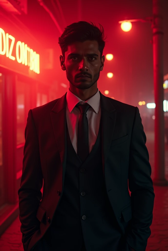 The 21 years indian boy wear professional suite in redlight movie  background 