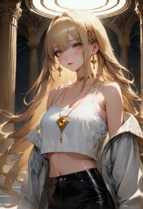 Long smooth straight golden hair, golden eyes, standing in croptop and baggy clothes,masterpiece, super detail, best quality, 8k,semi-realistic